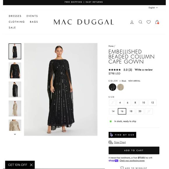 NWT‎ $798 Mac Duggal [ 16 ] 93869 Beaded Embellished Column Cape Gown Black - Picture 3 of 16